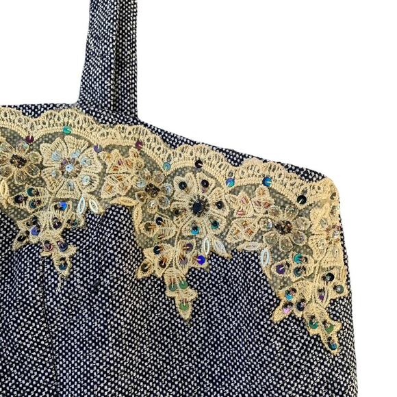 Vintage Tweed Crop Top Gold Lace Beaded Accent Skinny Straps Size 10 Gothic Emo - Picture 5 of 12